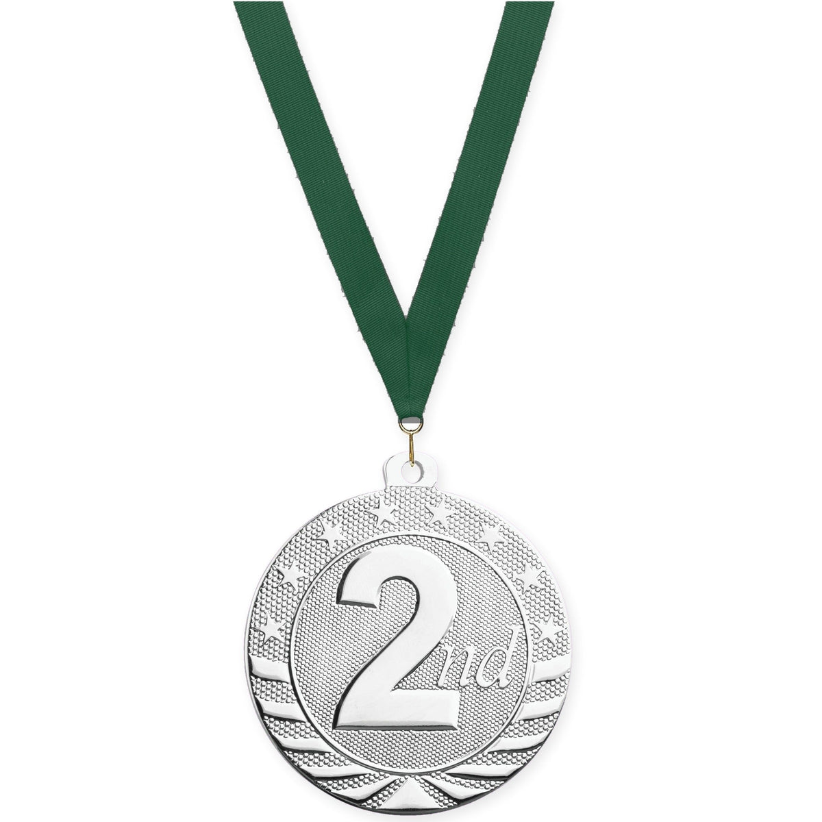2 inch Place Starbrite medal in silver - 2nd place with Hunter Green neck ribbon