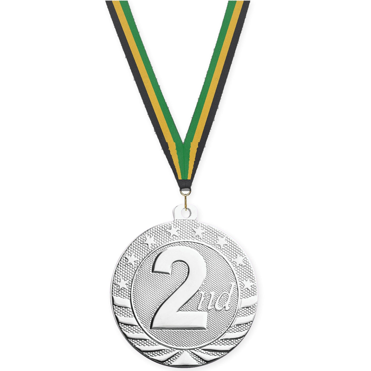 2 inch Place Starbrite medal in silver - 2nd place with Black Gold Green neck ribbon