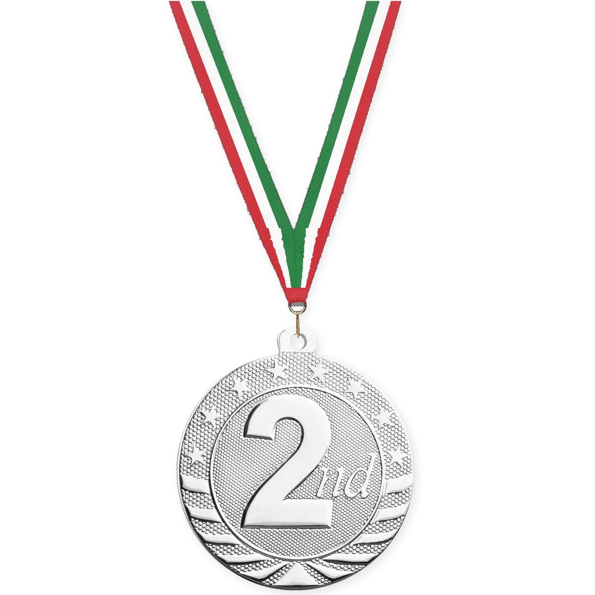 2 inch Place Starbrite medal in silver - 2nd place with Red White Green neck ribbon
