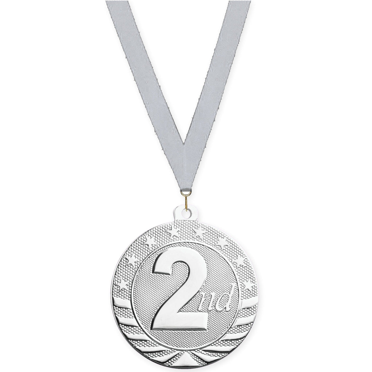2 inch Place Starbrite medal in silver - 2nd place with Silver Metallic neck ribbon