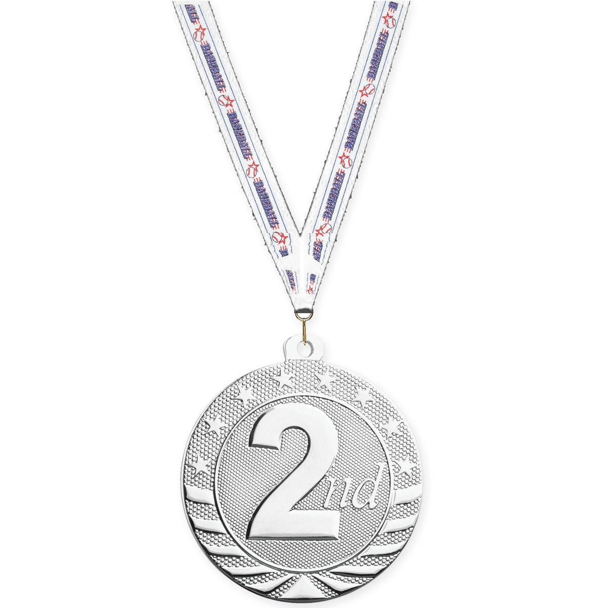 2 inch Place Starbrite medal in silver - 2nd place with Baseball neck ribbon