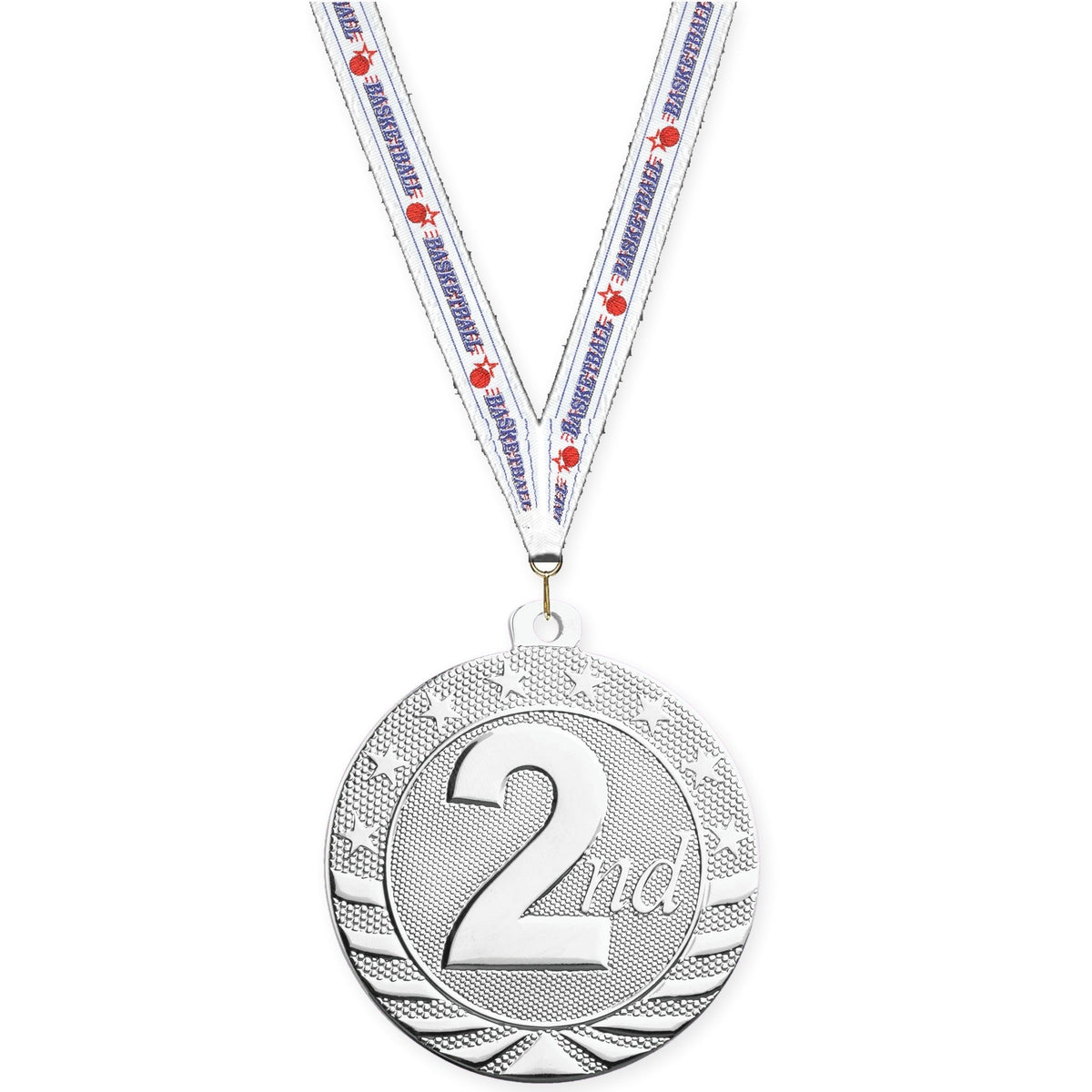 2 inch Place Starbrite medal in silver - 2nd place with Basketball neck ribbon