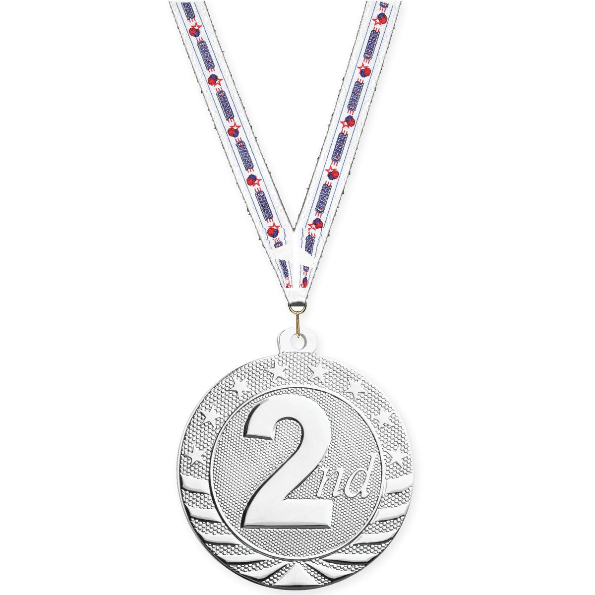 2 inch Place Starbrite medal in silver - 2nd place with Cheerleading neck ribbon