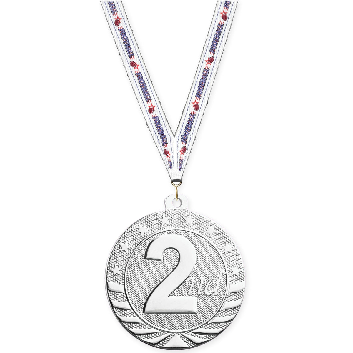 2 inch Place Starbrite medal in silver - 2nd place with Football neck ribbon