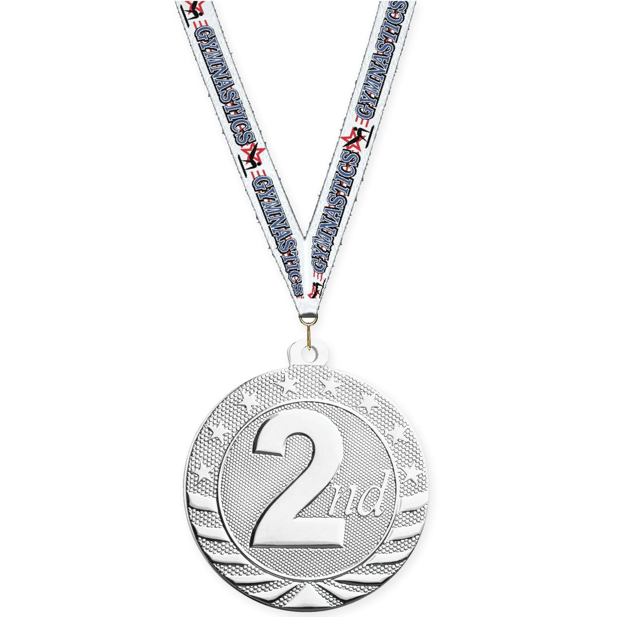 2 inch Place Starbrite medal in silver - 2nd place with Gymnastics neck ribbon