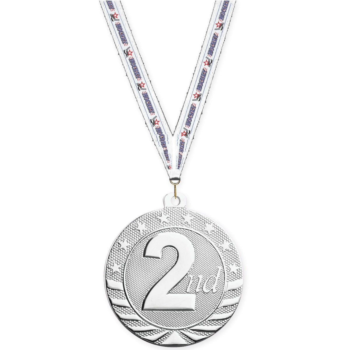 2 inch Place Starbrite medal in silver - 2nd place with Hockey neck ribbon