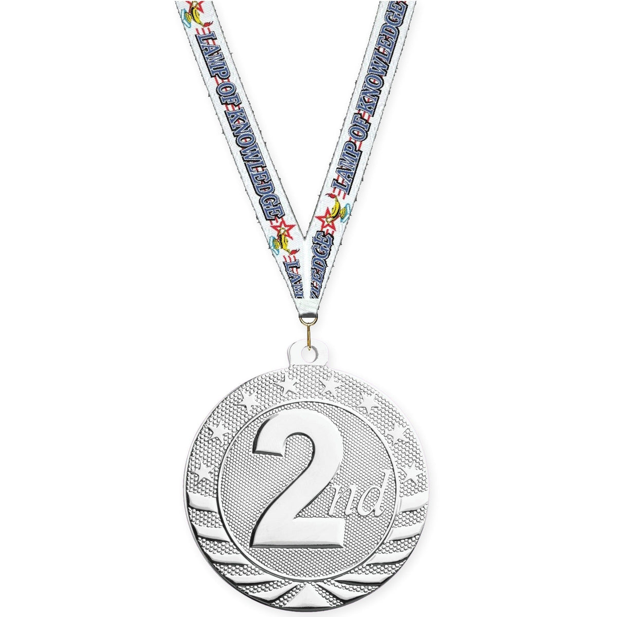 2 inch Place Starbrite medal in silver - 2nd place with Lamp Of Knowledge neck ribbon