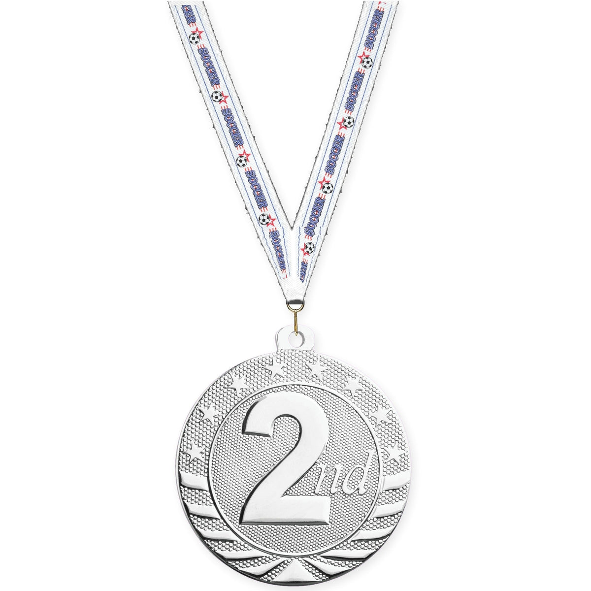 2 inch Place Starbrite medal in silver - 2nd place with Soccer neck ribbon