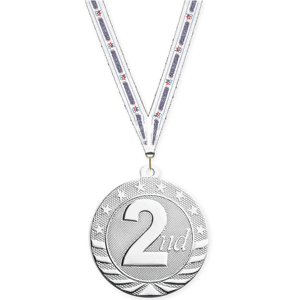 2 inch Place Starbrite medal in silver - 2nd place with Swimming neck ribbon