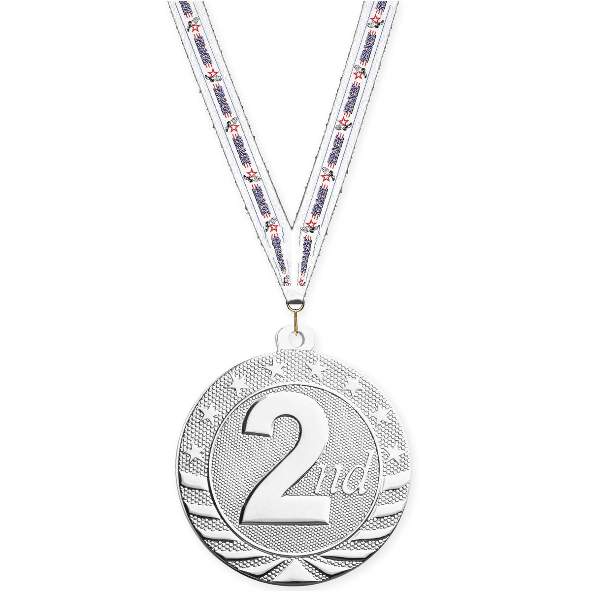 2 inch Place Starbrite medal in silver - 2nd place with Track neck ribbon