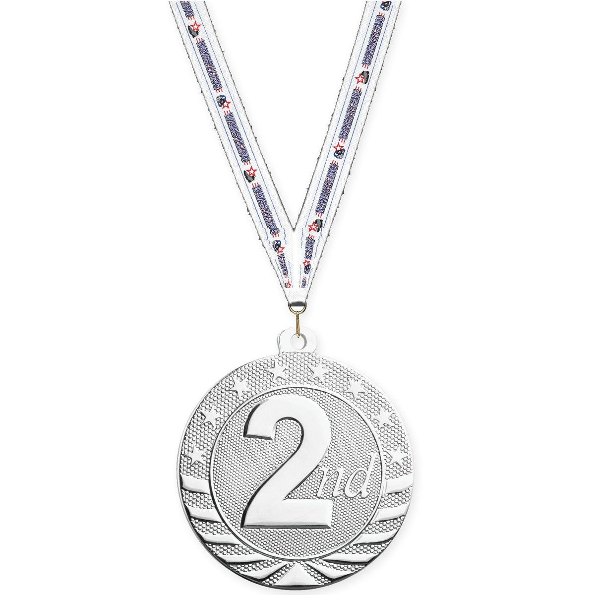2 inch Place Starbrite medal in silver - 2nd place with Wrestling neck ribbon
