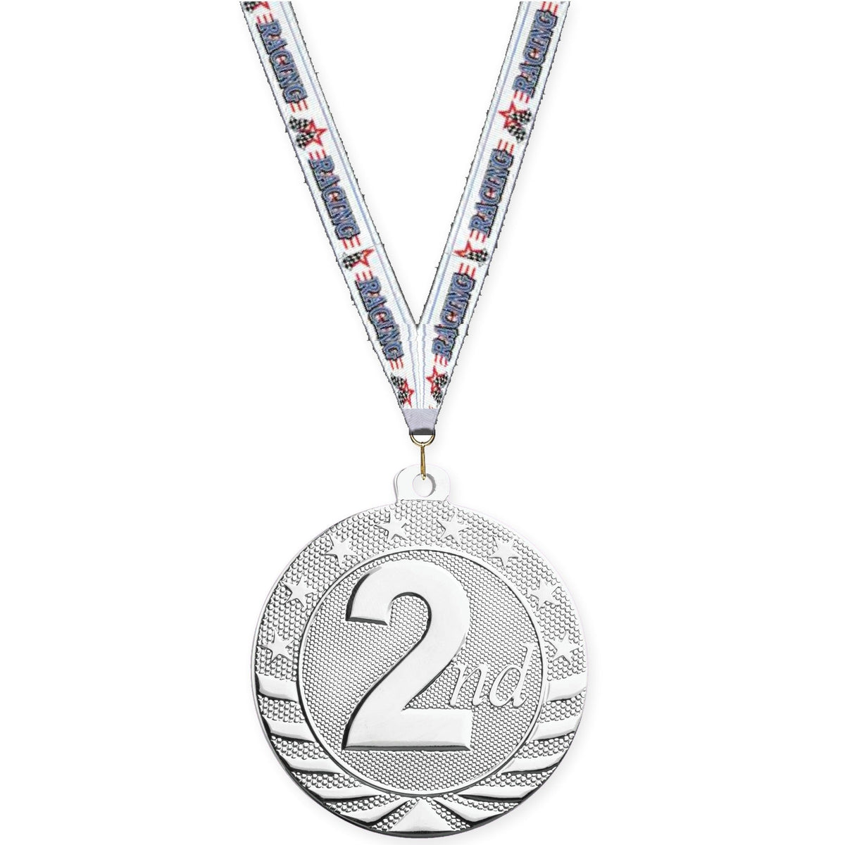 2 inch Place Starbrite medal in silver - 2nd place with Auto Racing neck ribbon