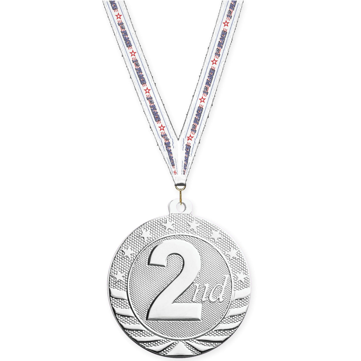 2 inch Place Starbrite medal in silver - 2nd place with 1st Place neck ribbon