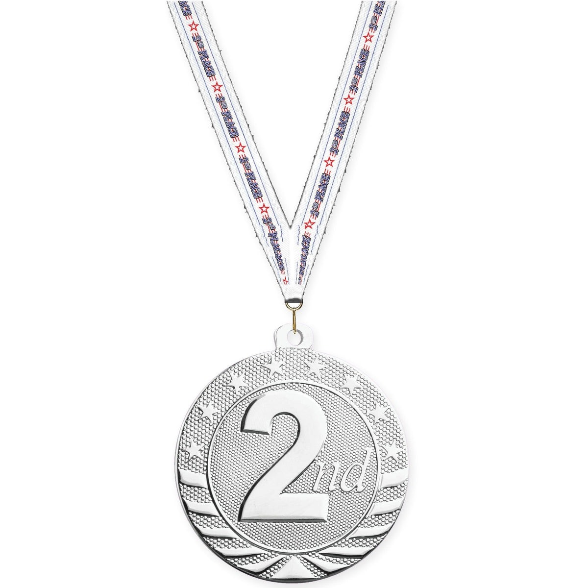 2 inch Place Starbrite medal in silver - 2nd place with 2nd Place neck ribbon