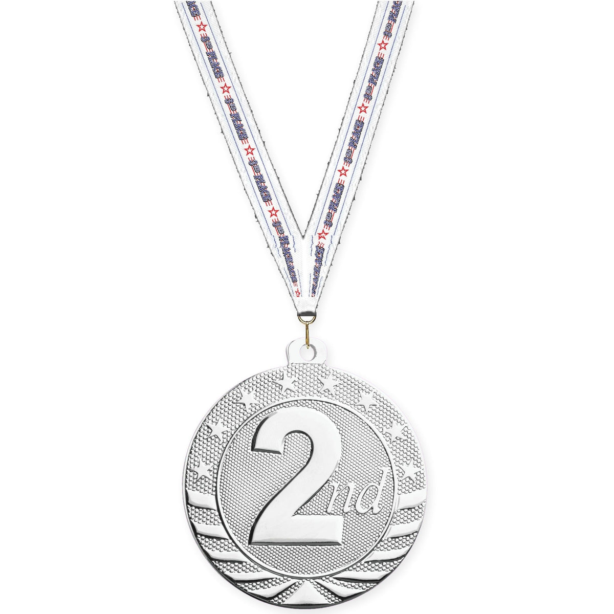 2 inch Place Starbrite medal in silver - 2nd place with 3rd Place neck ribbon