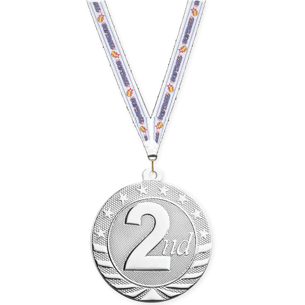 2 inch Place Starbrite medal in silver - 2nd place with Softball neck ribbon