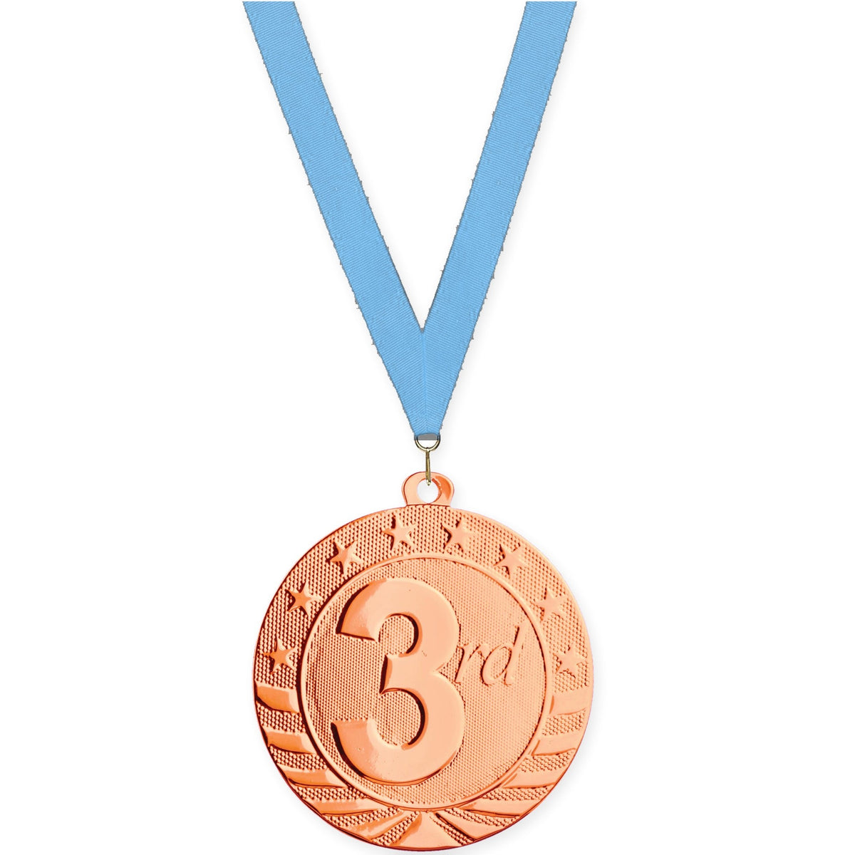2 inch Place Starbrite medal in bronze - 3rd place with Light Blue neck ribbon