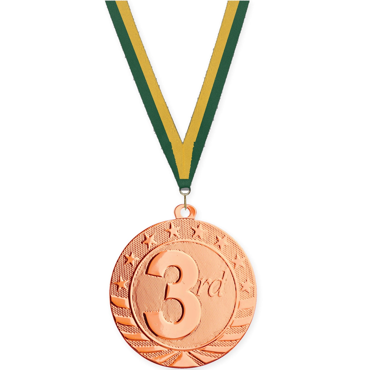 2 inch Place Starbrite medal in bronze - 3rd place with Hunter Green Gold neck ribbon
