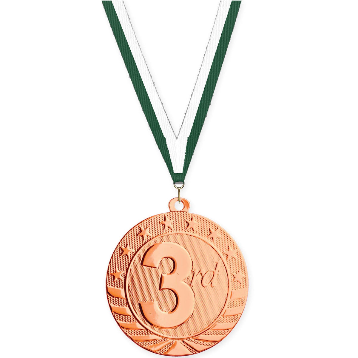 2 inch Place Starbrite medal in bronze - 3rd place with Hunter Green White neck ribbon