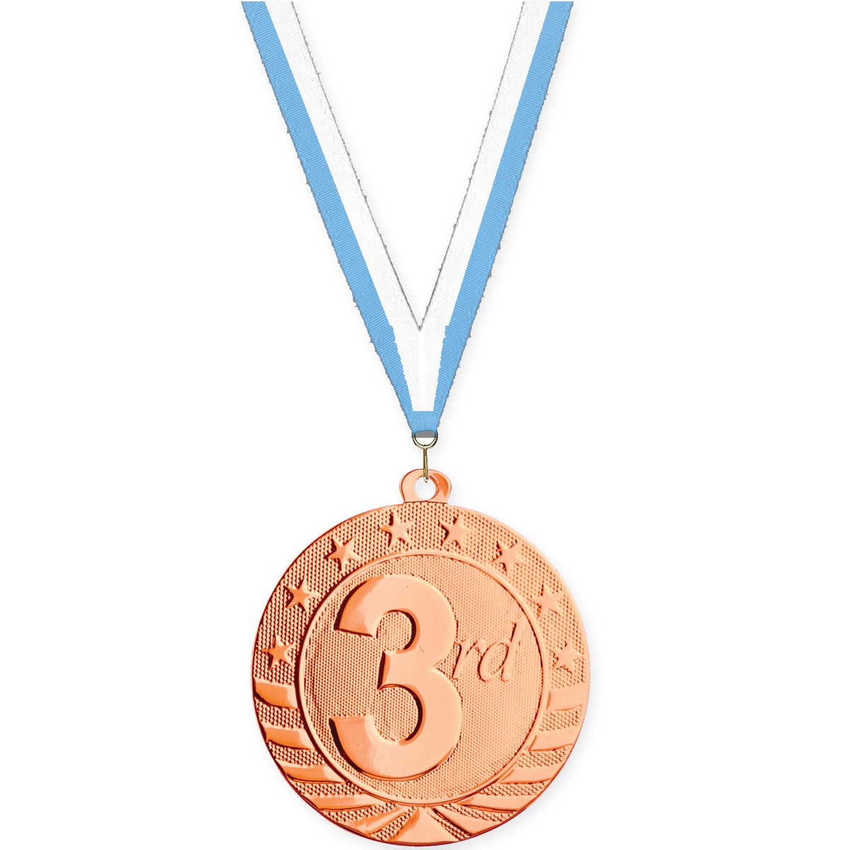 2 inch Place Starbrite medal in bronze - 3rd place with Light Blue White neck ribbon