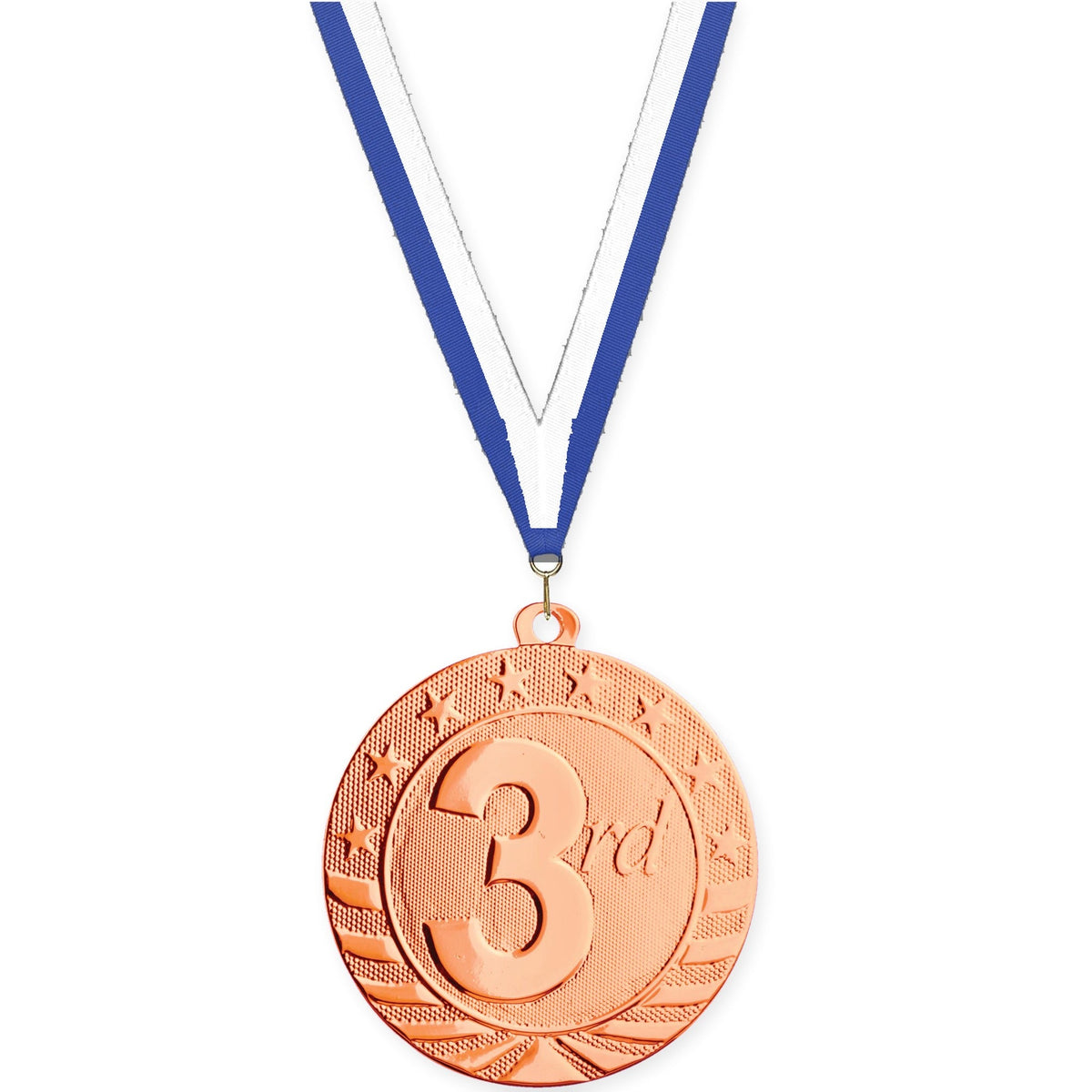 2 inch Place Starbrite medal in bronze - 3rd place with Blue White neck ribbon