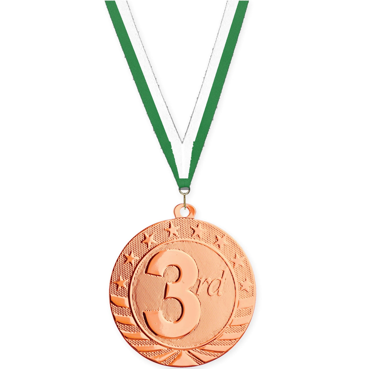 2 inch Place Starbrite medal in bronze - 3rd place with Green White neck ribbon