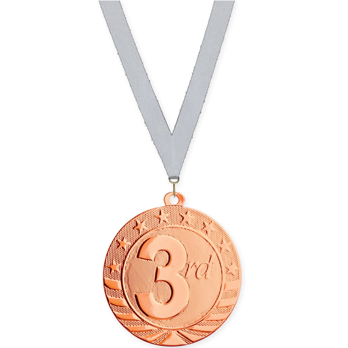 2 inch Place Starbrite medal in bronze - 3rd place with Silver Metallic neck ribbon
