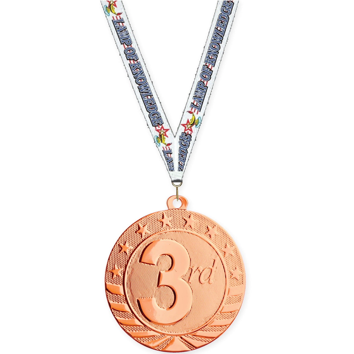 2 inch Place Starbrite medal in bronze - 3rd place with Lamp Of Knowledge neck ribbon