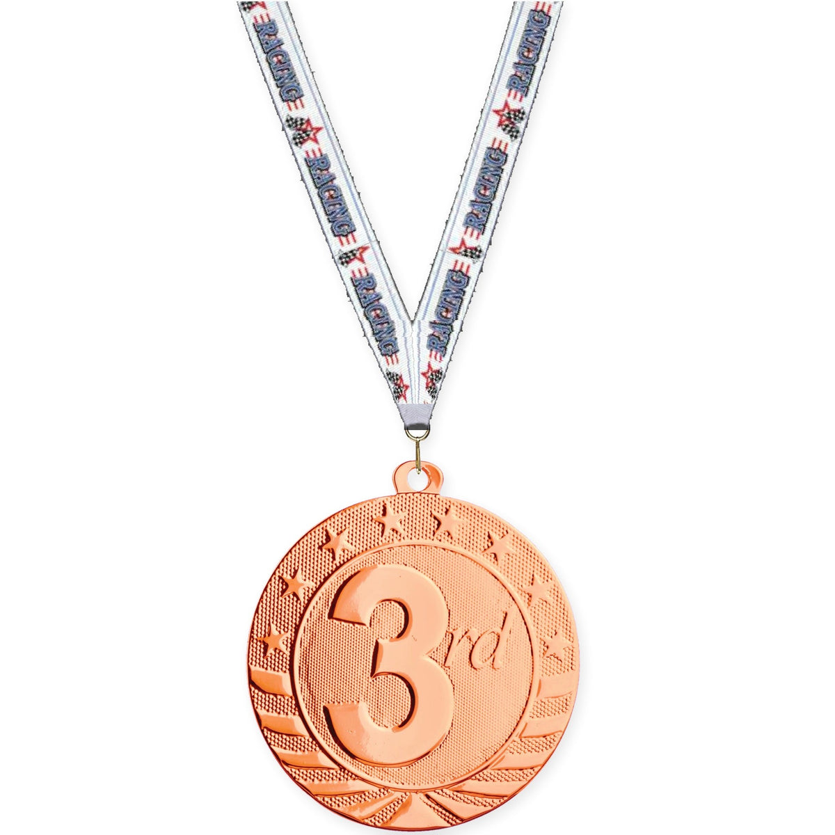 2 inch Place Starbrite medal in bronze - 3rd place with Auto Racing neck ribbon