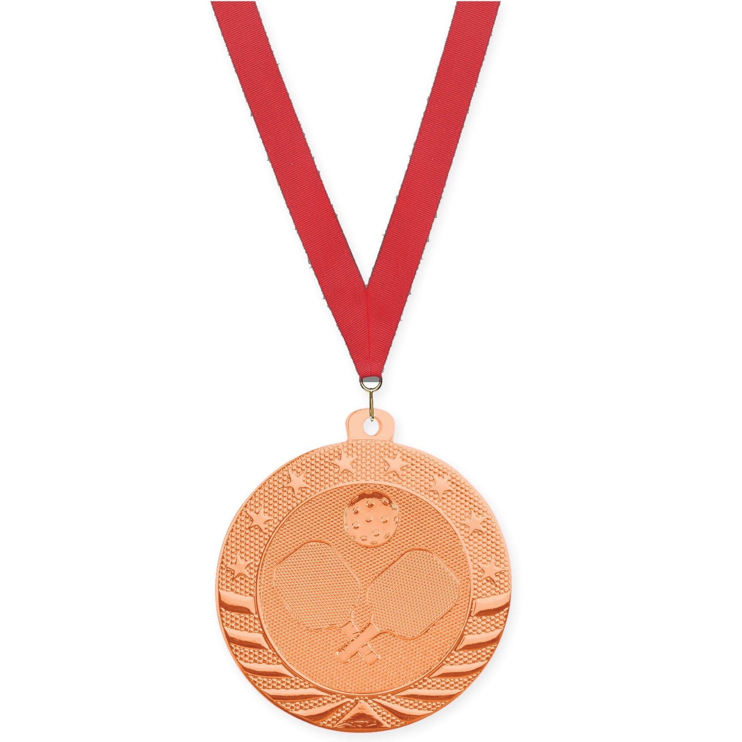 2 inch pickleball Starbrite medal in bright bronze with Red neck ribbon