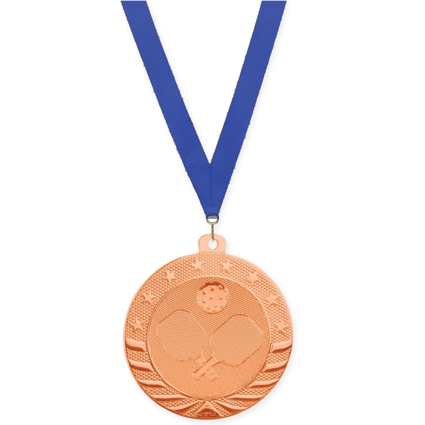 2 inch pickleball Starbrite medal in bright bronze with Blue neck ribbon