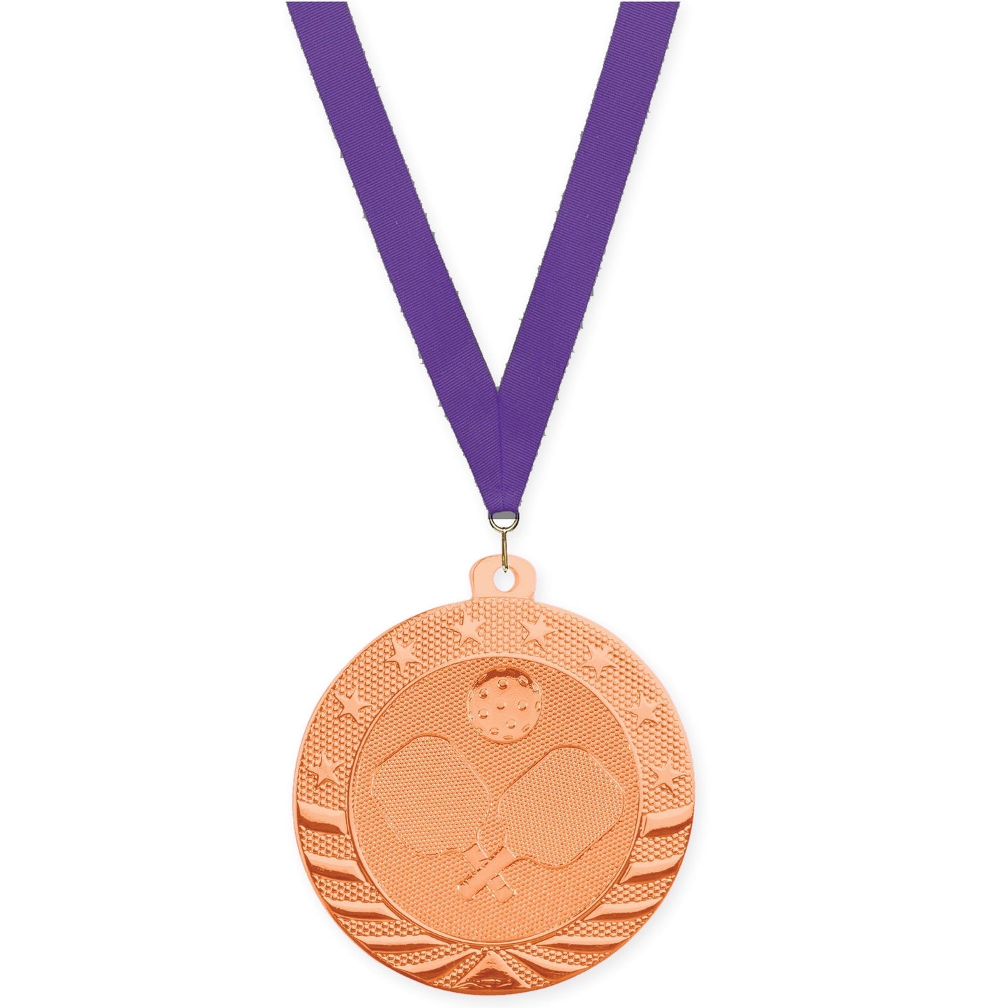 2 inch pickleball Starbrite medal in bright bronze with Purple neck ribbon