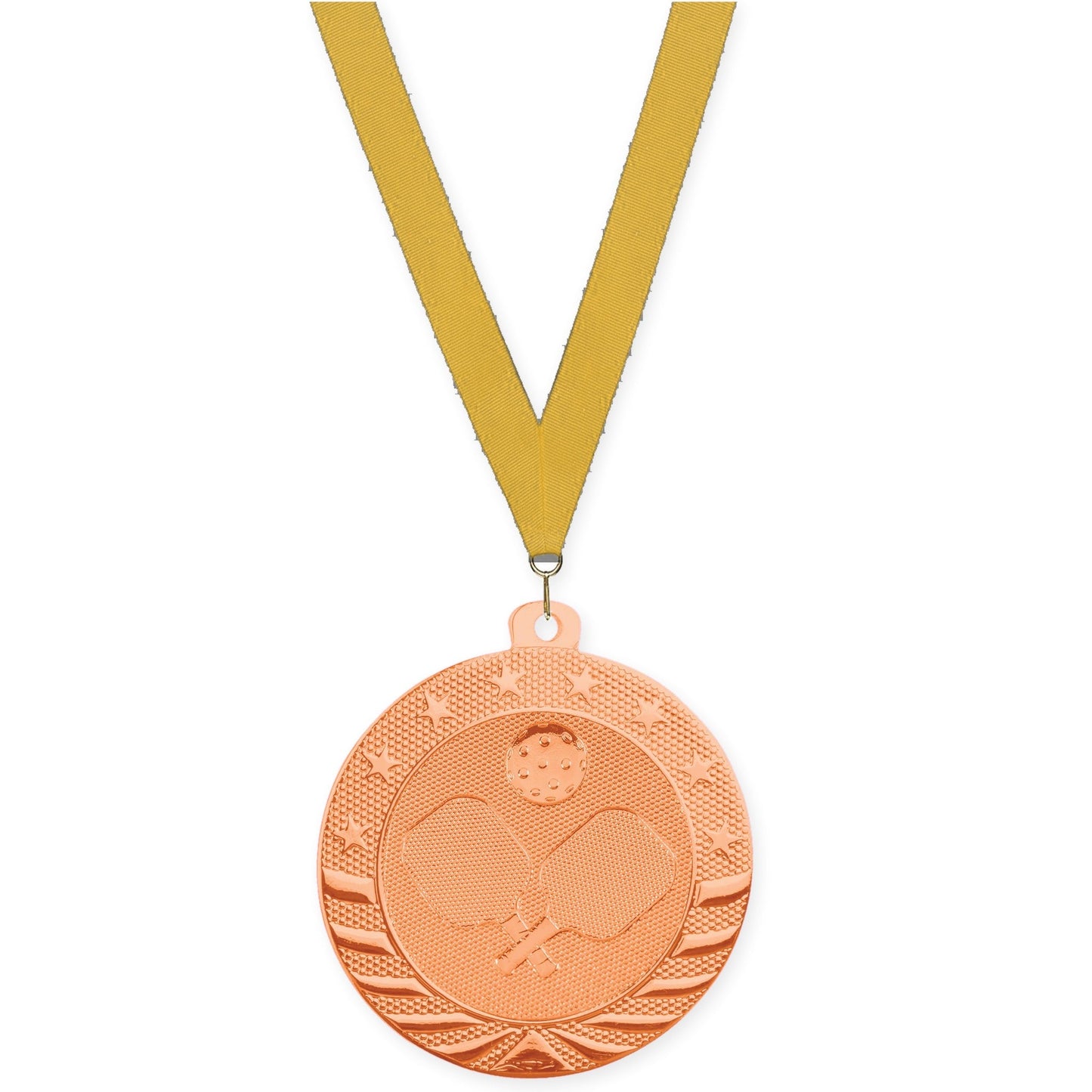 2 inch pickleball Starbrite medal in bright bronze with Gold neck ribbon