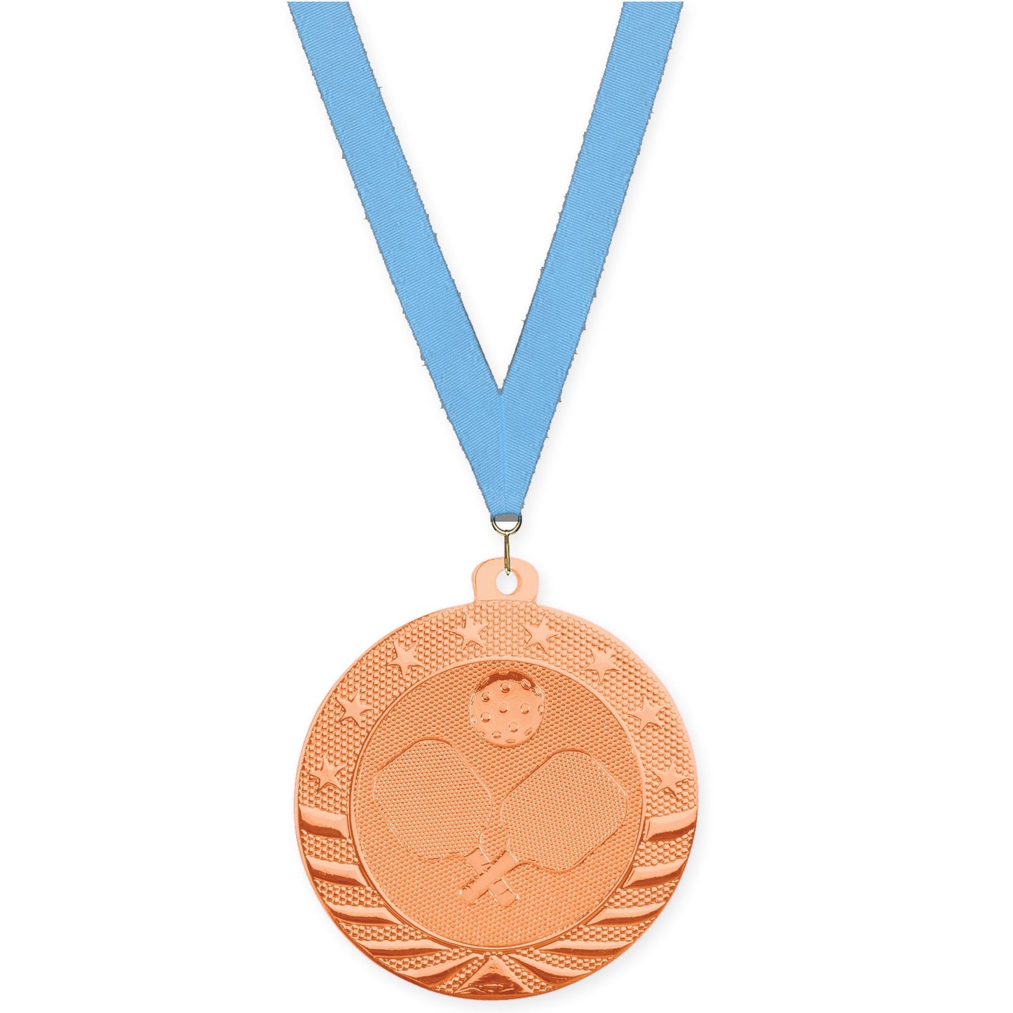 2 inch pickleball Starbrite medal in bright bronze with Light Blue neck ribbon