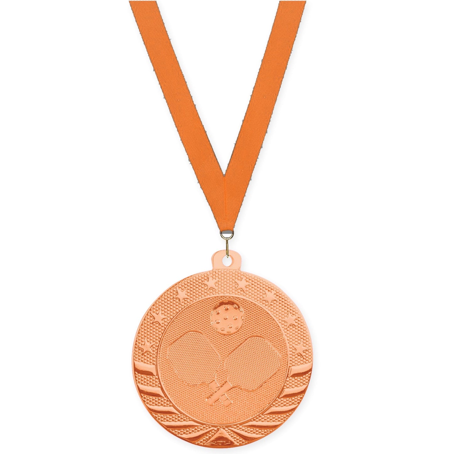 2 inch pickleball Starbrite medal in bright bronze with Orange neck ribbon