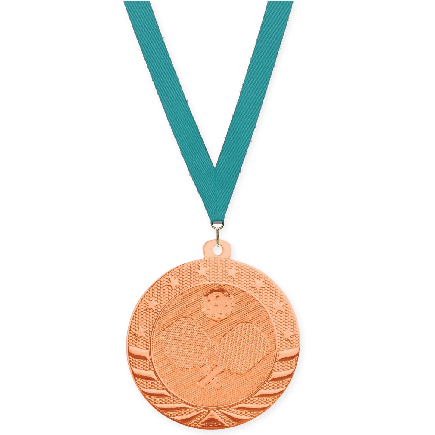 2 inch pickleball Starbrite medal in bright bronze with Teal neck ribbon