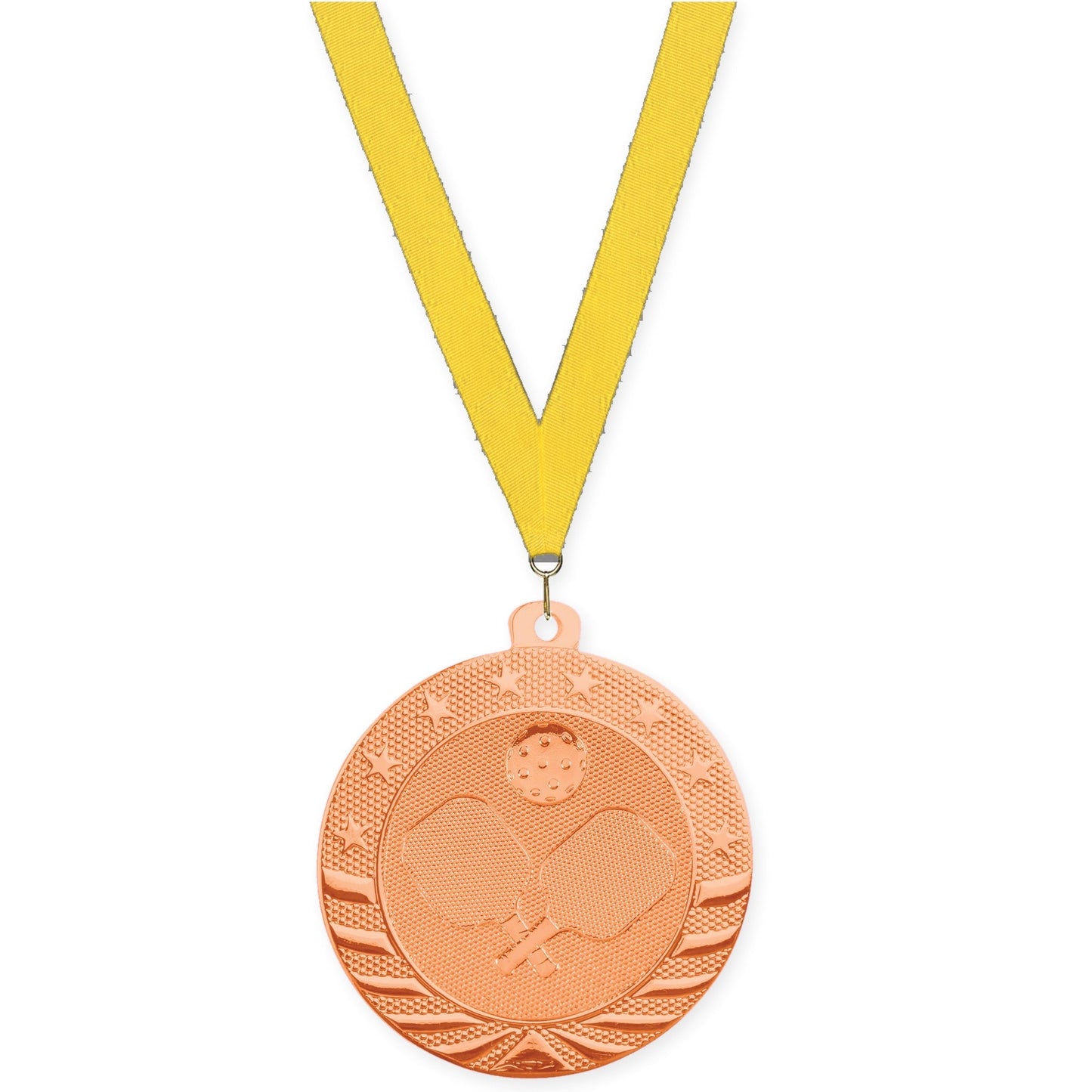 2 inch pickleball Starbrite medal in bright bronze with Yellow neck ribbon