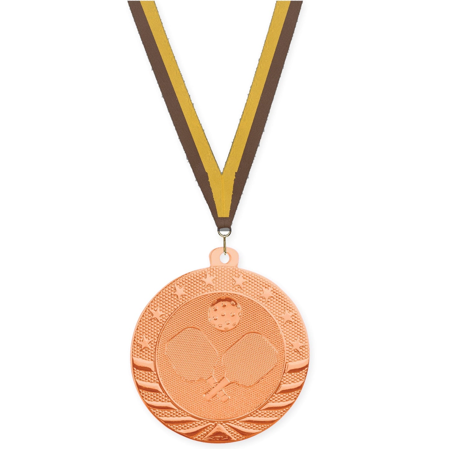2 inch pickleball Starbrite medal in bright bronze with Brown Gold neck ribbon