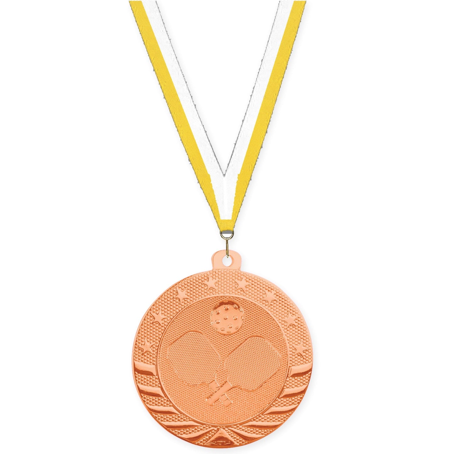 2 inch pickleball Starbrite medal in bright bronze with Yellow White neck ribbon