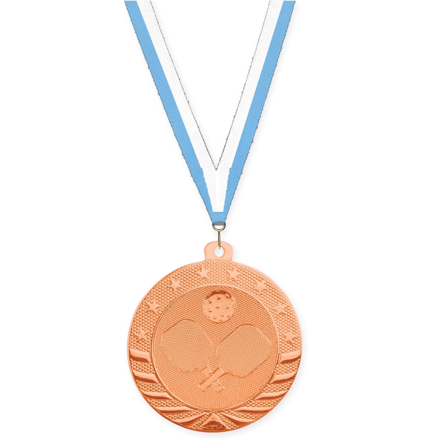 2 inch pickleball Starbrite medal in bright bronze with Light Blue White neck ribbon