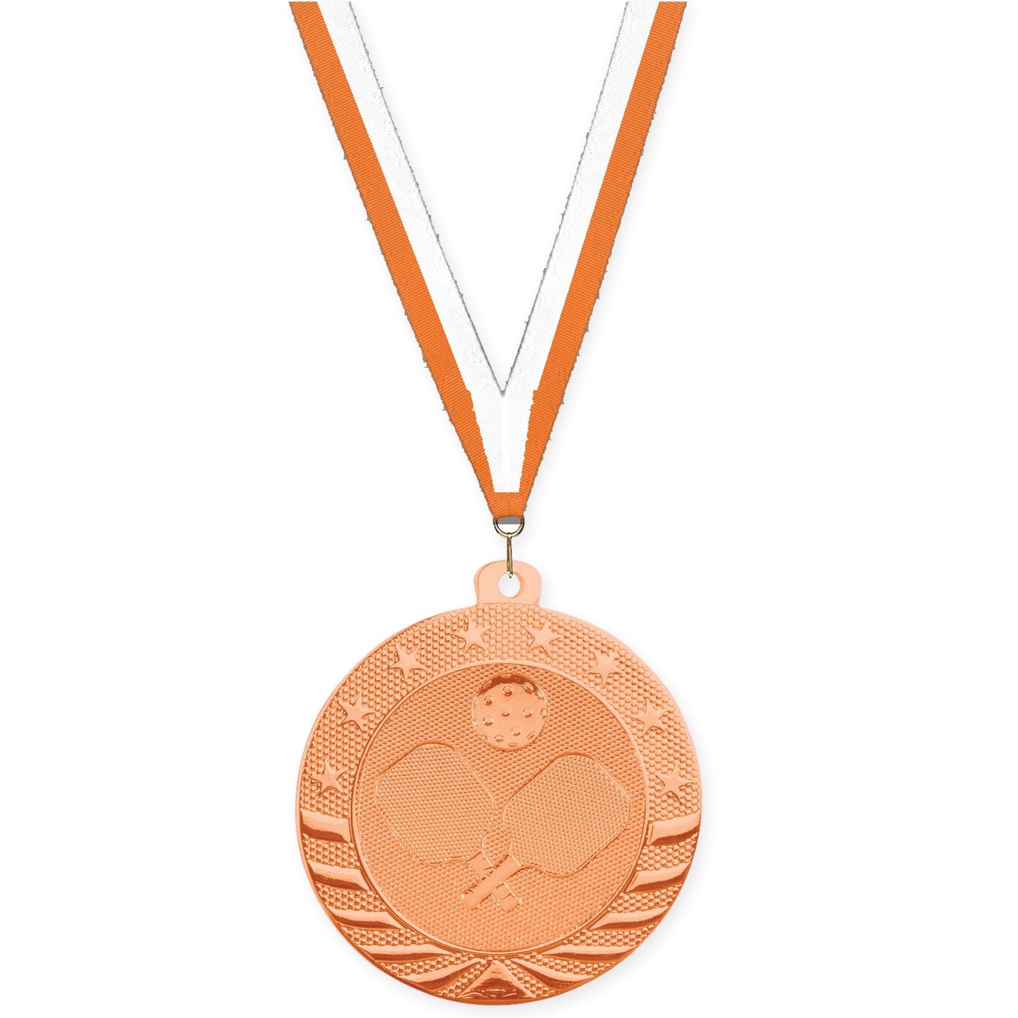 2 inch pickleball Starbrite medal in bright bronze with Orange White neck ribbon