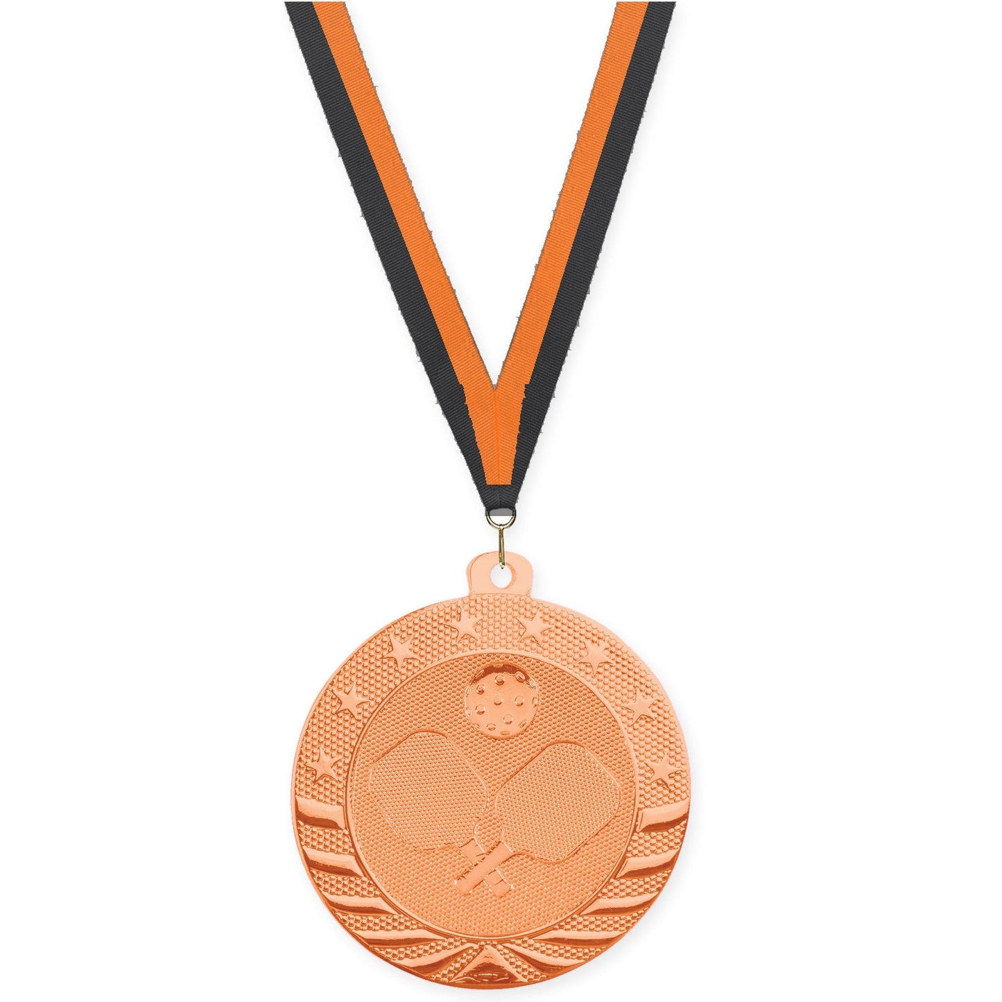 2 inch pickleball Starbrite medal in bright bronze with Black Orange neck ribbon