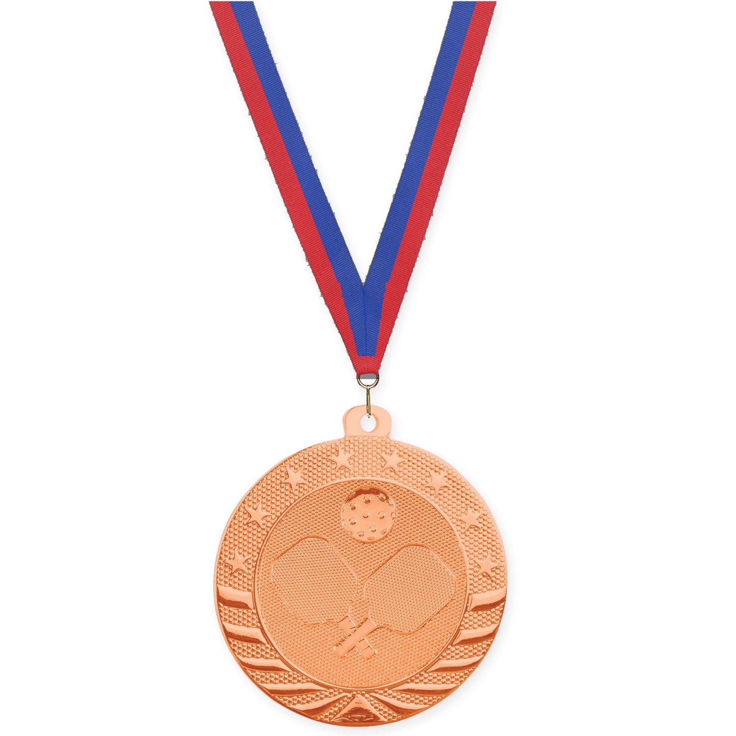 2 inch pickleball Starbrite medal in bright bronze with Blue Red neck ribbon