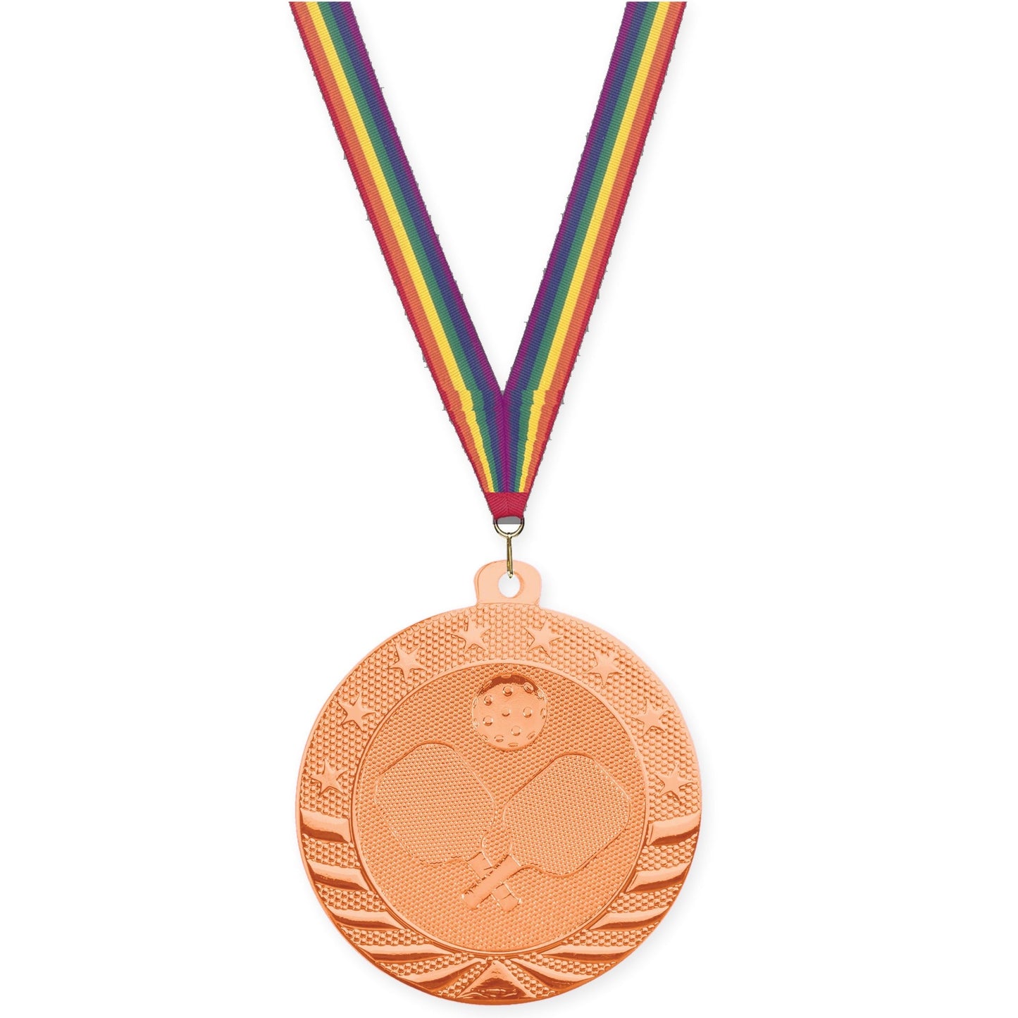 2 inch pickleball Starbrite medal in bright bronze with Rainbow neck ribbon