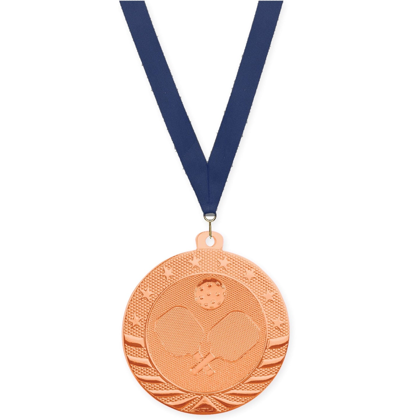 2 inch pickleball Starbrite medal in bright bronze with Navy neck ribbon
