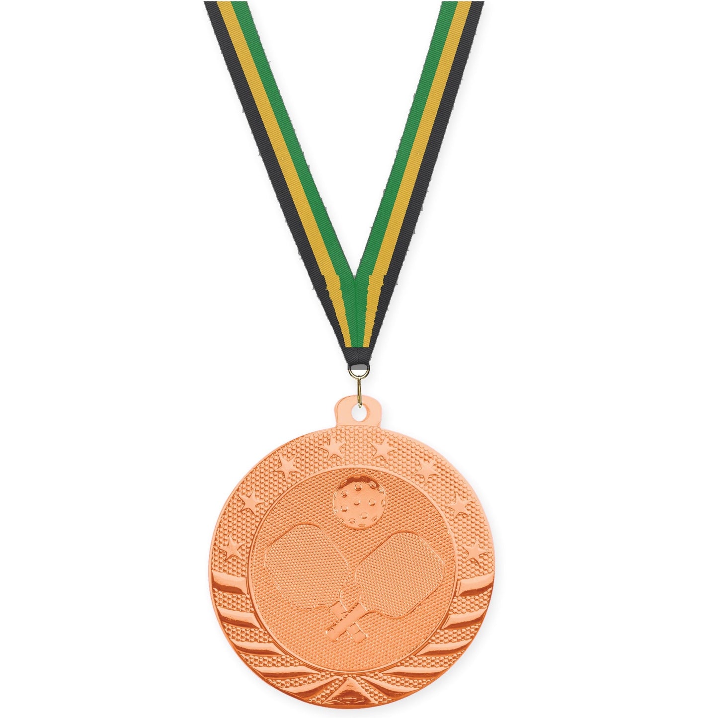 2 inch pickleball Starbrite medal in bright bronze with Black Gold Green neck ribbon