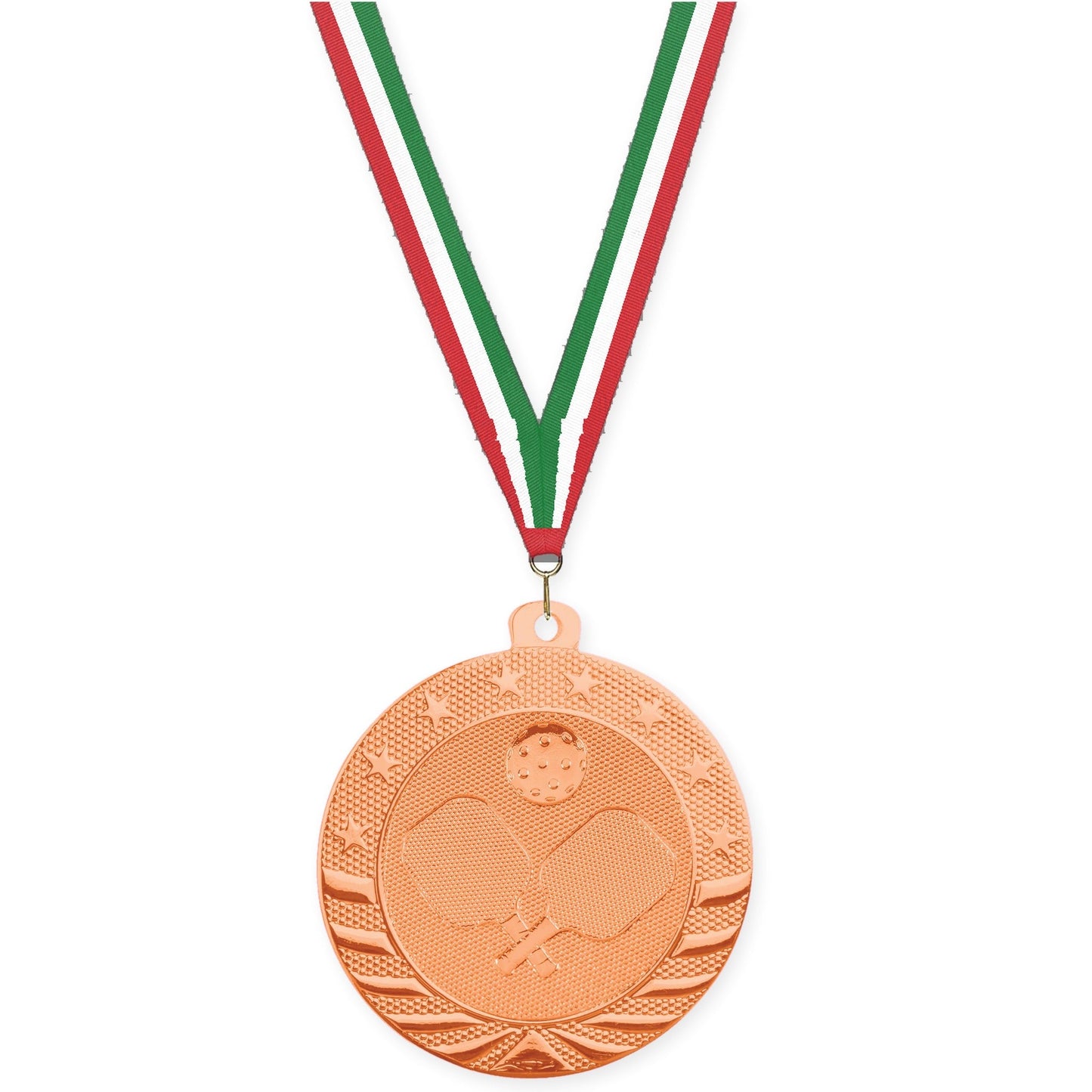 2 inch pickleball Starbrite medal in bright bronze with Red White Green neck ribbon