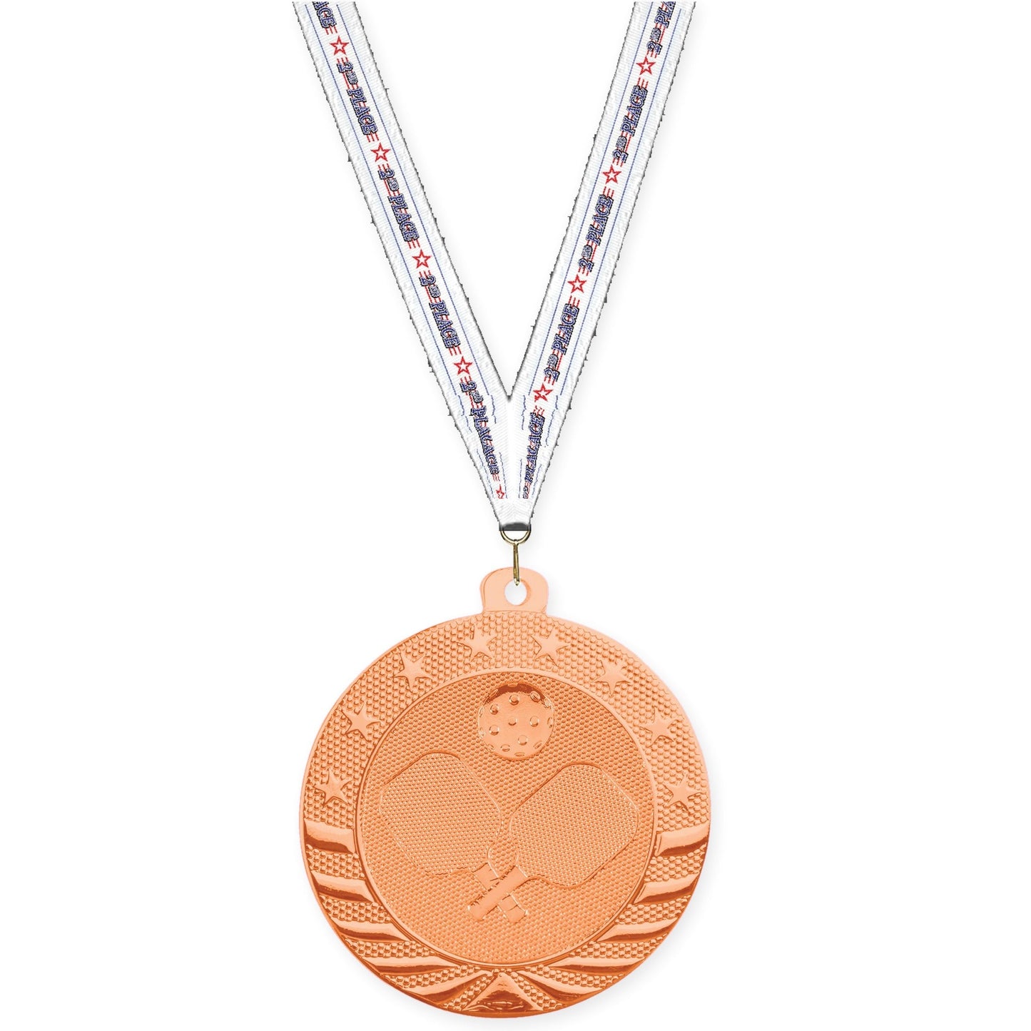 2 inch pickleball Starbrite medal in bright bronze with 2nd Place neck ribbon