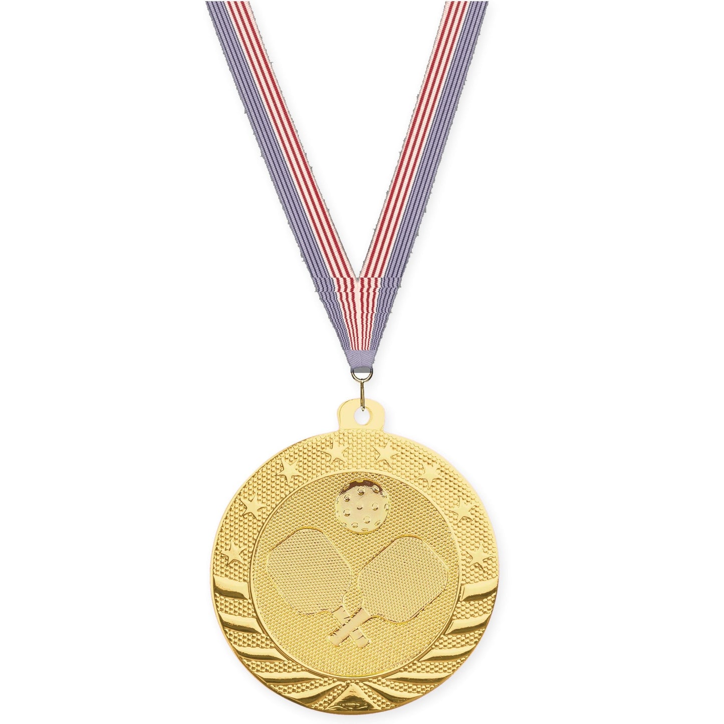 2 inch pickleball Starbrite medal in bright gold with USA Flag neck ribbon