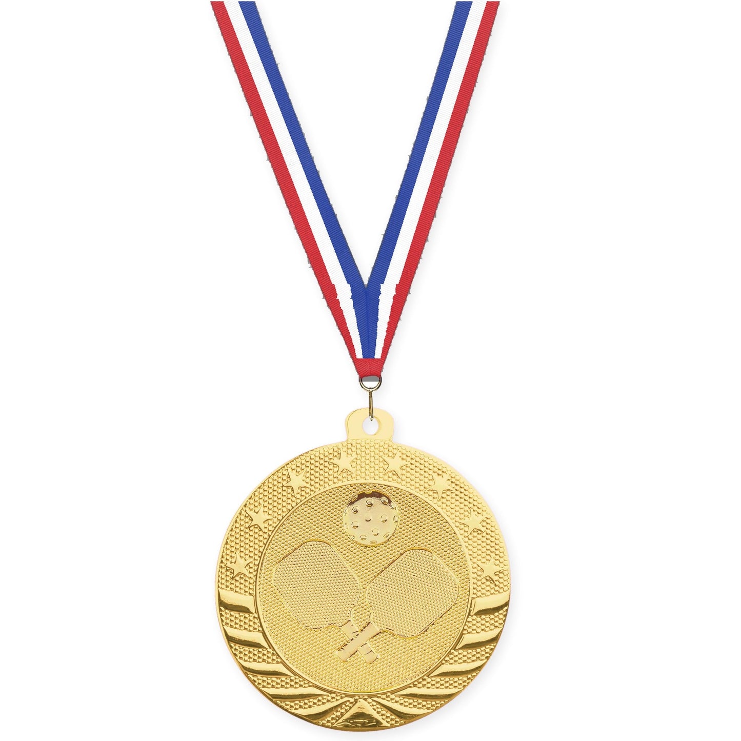 2 inch pickleball Starbrite medal in bright gold with Red White Blue neck ribbon